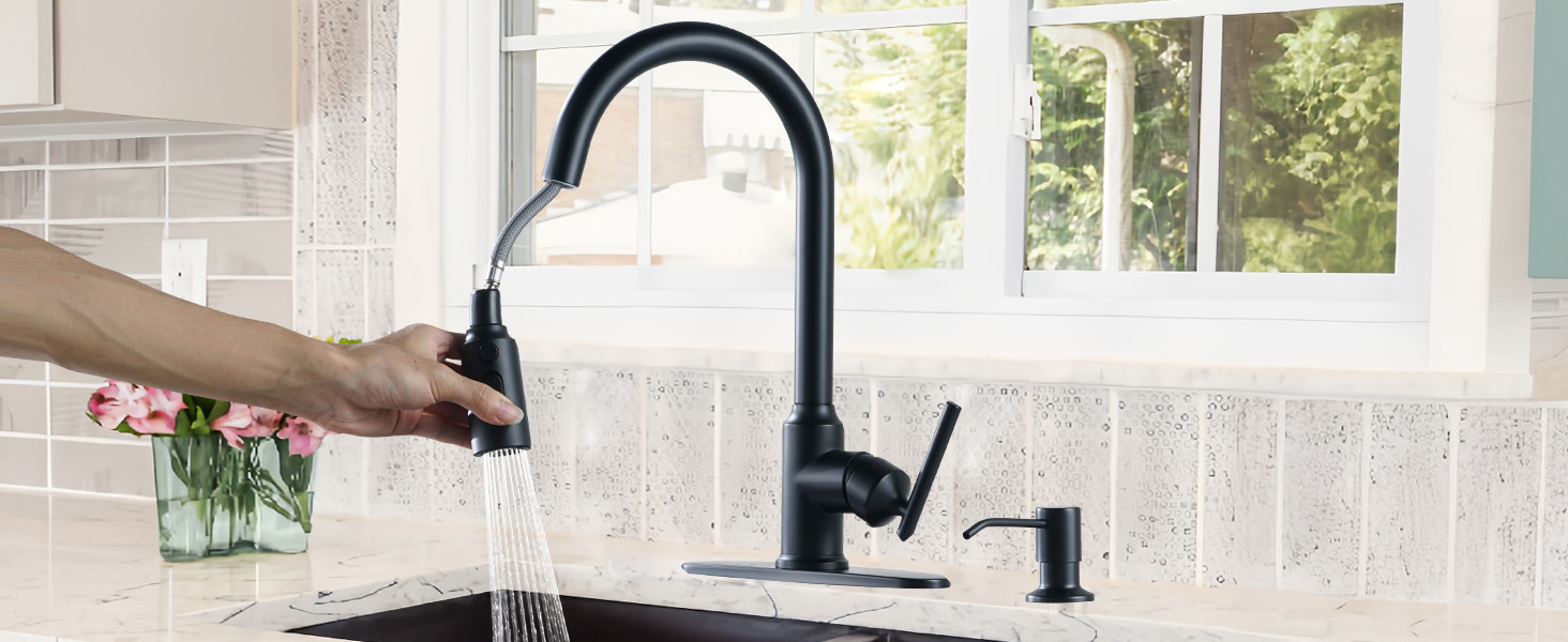 wowow high arc matte black single handle pull down kitchen faucet 9