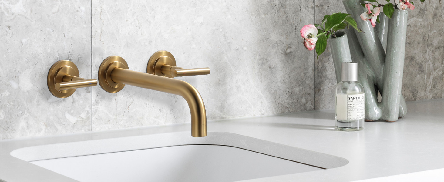 wowow wall mount widespread bathroom faucet brushed gold 3