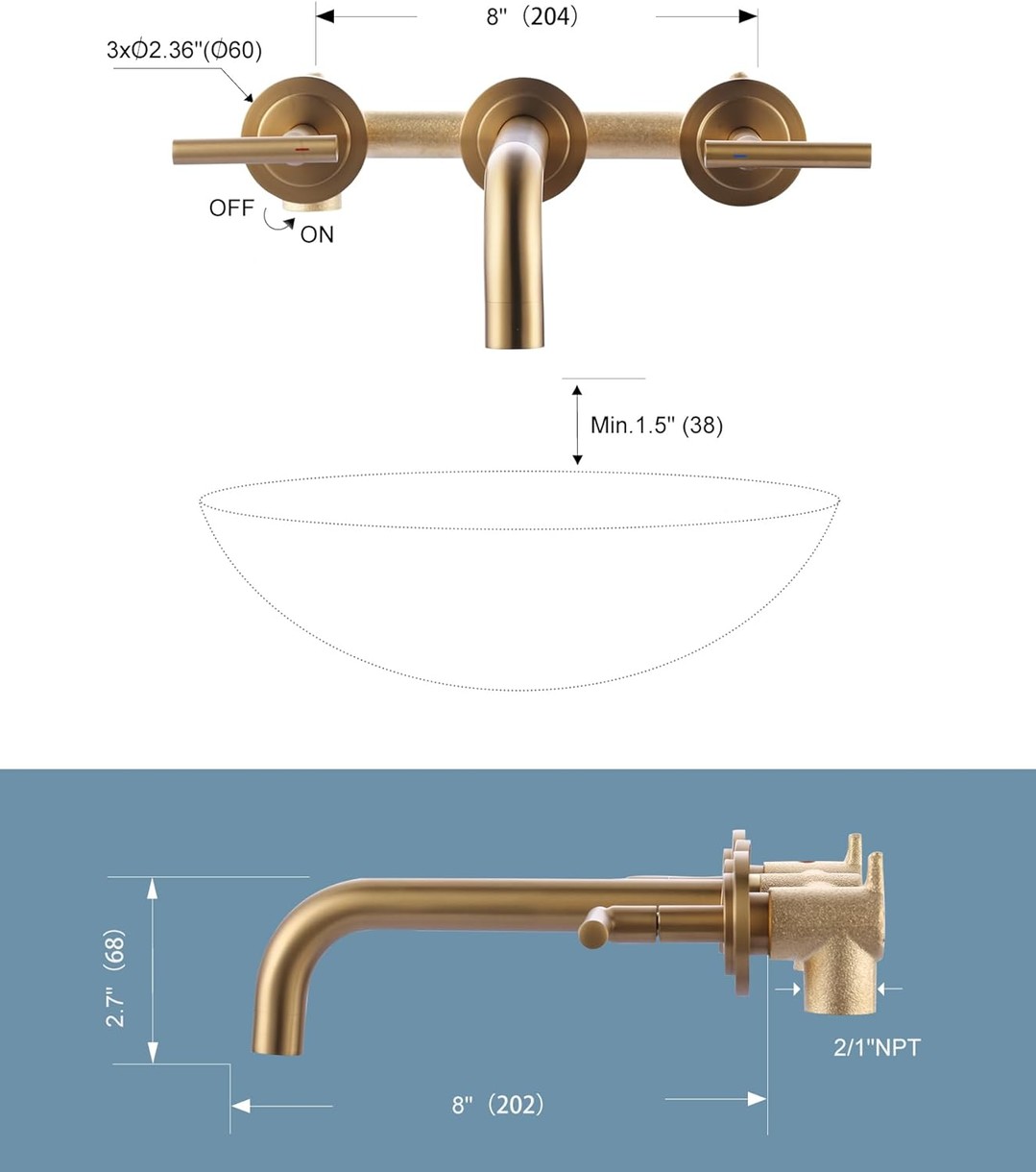 wowow wall mount widespread bathroom faucet brushed gold 6