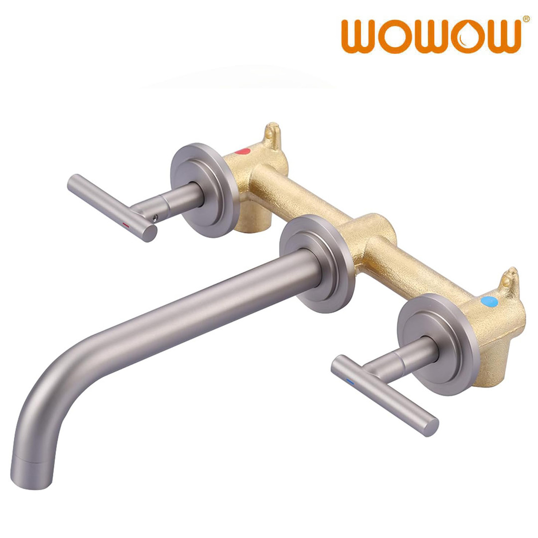 wowow wall mount widespread bathroom faucet brushed nickel 2