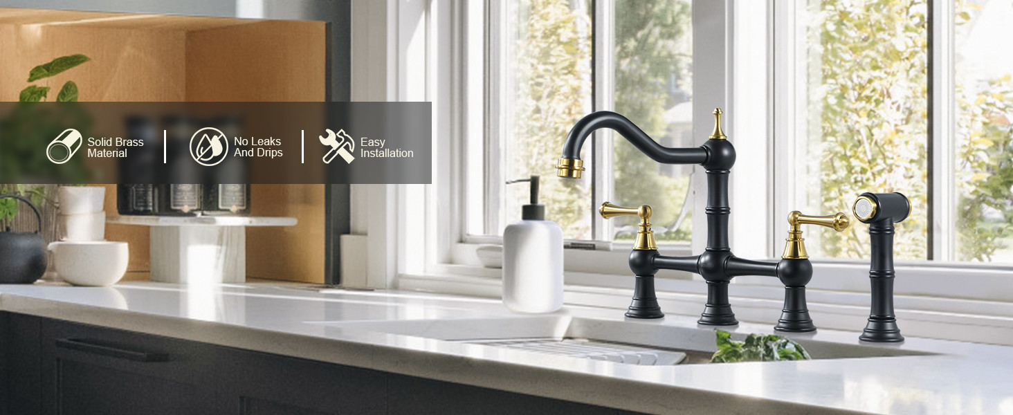 wowow 4 hole black and gold farmhouse bridge kitchen faucet 10