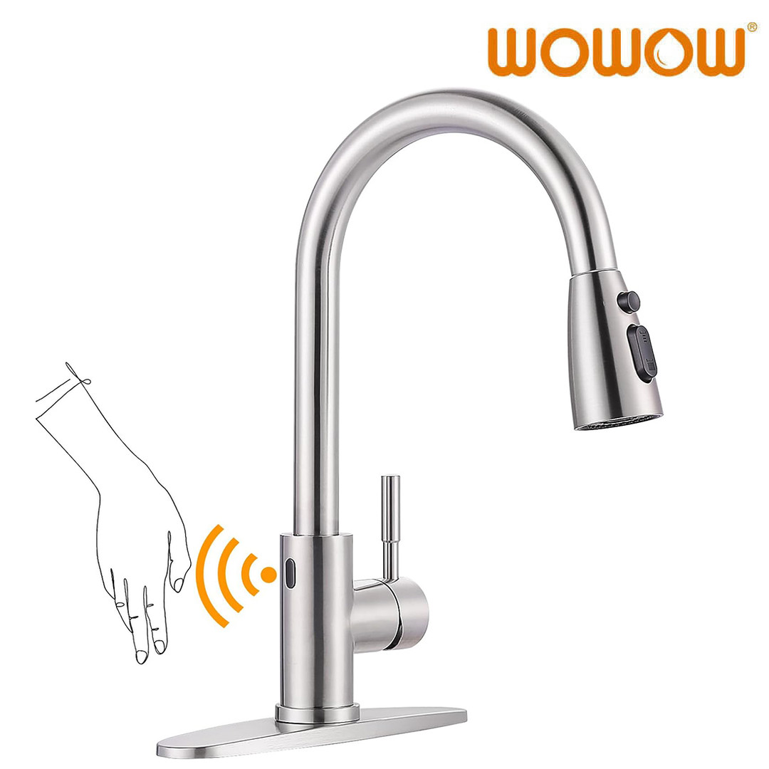 WOWOW Brushed Nickel Single Handle Touchless Smart Motion Sensor Kitchen Faucet with Sprayer