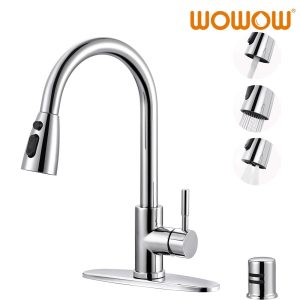 wowow chrome single handle pull down kitchen sink faucet with dishwasher air gap kits 9