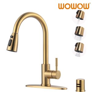wowow single handle brushed gold pull down kitchen sink faucet with dishwasher air gap kits 1