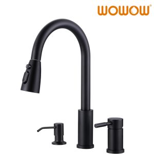 wowow 304 stainless steel pull down kitchen sink faucet with soap dispenser and separate handle 26
