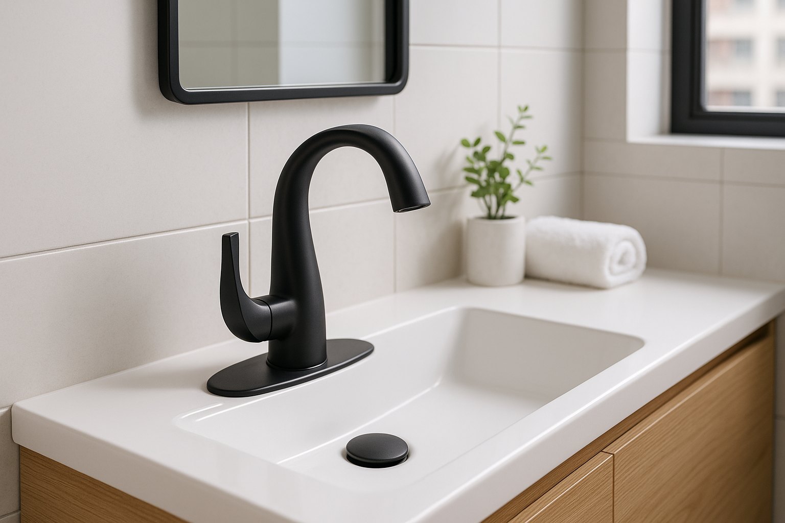 WOWOW matte black basin faucet in a Hong Kong apartment bathroom